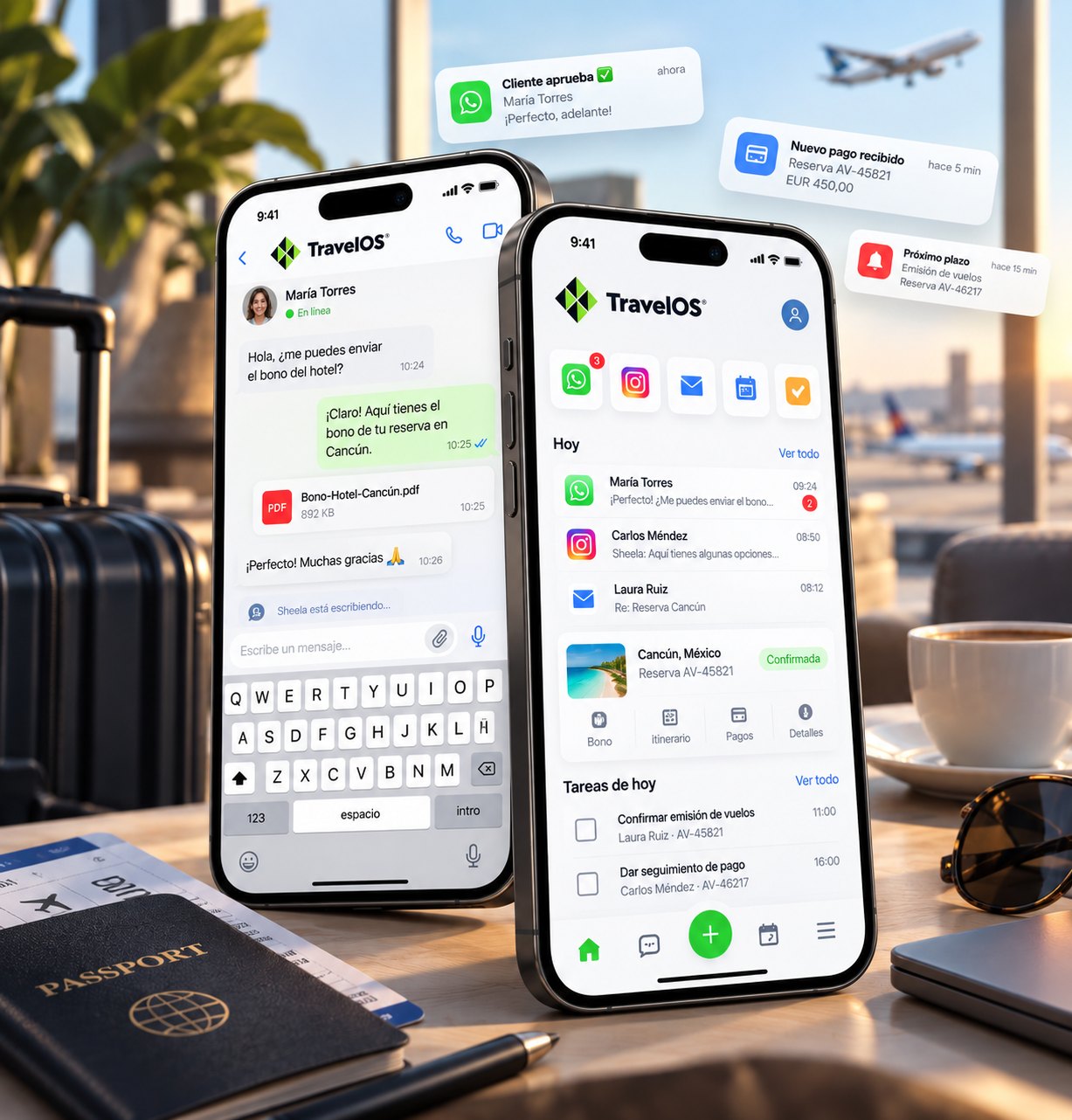Two phones running TravelOS: a WhatsApp thread where a client receives a hotel voucher, and the home screen with today's inbox, a confirmed Cancún booking and today's tasks